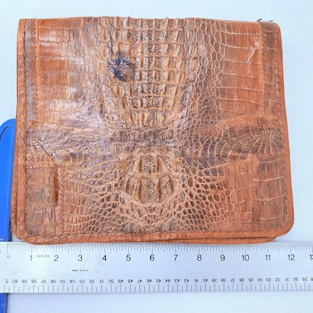 Vintage Reptile Embossed Leather Clutch Brown Portfolio Zip Bag Hornback Style